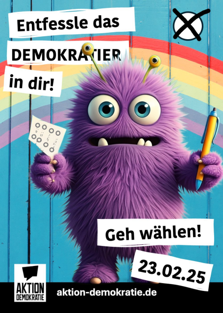 Lila Monster mit Stift und Wahlzettel vor buntem Regenbogen, fordert zur Wahl auf.
