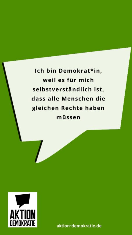 Sprechblase mit Text zur Bedeutung von Demokratie und gleichen Rechten für alle.