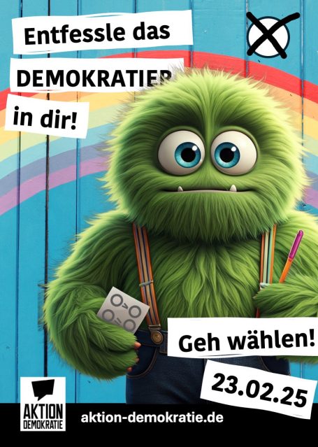Ein grünes, plüschiges Monster hält einen Stift und fordert zur Wahl auf.
