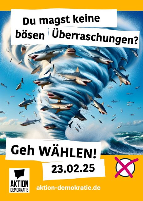 Sharepic mit einem Wirbelsturm voller Haie und dem Aufruf "Du magst keine bösen Überraschungen? Geh Wählen!"