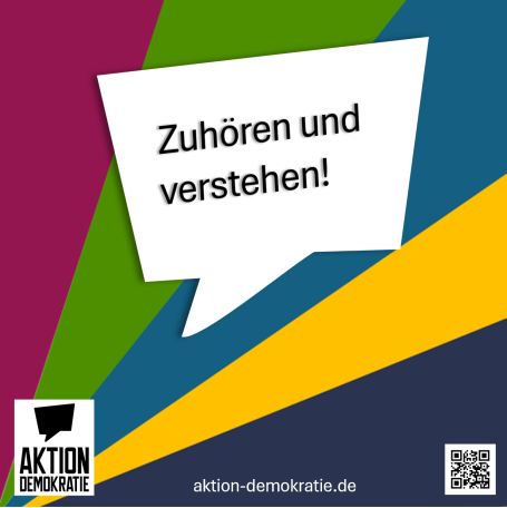 Sprechblase mit der Aufschrift „Zuhören und verstehen!“ auf buntem Hintergrund.