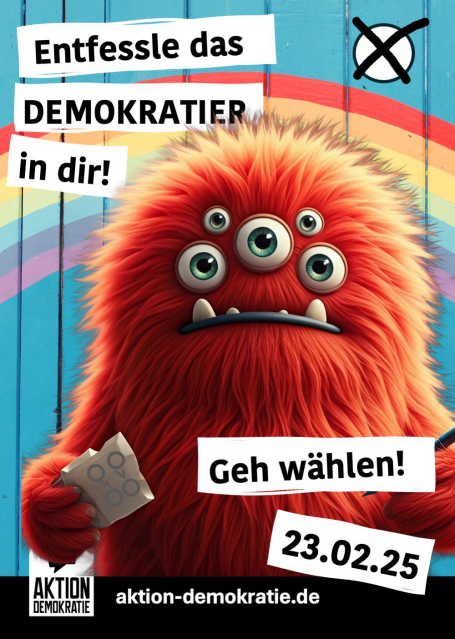Buntes Monster mit mehreren Augen hält einen Wahlzettel, Aufforderung zur Teilnahme an Wahlen.