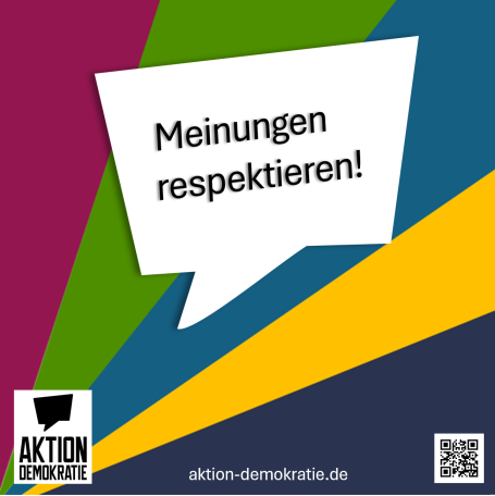 Sprechblase mit dem Text "Meinungen respektieren!" in bunten Farben.