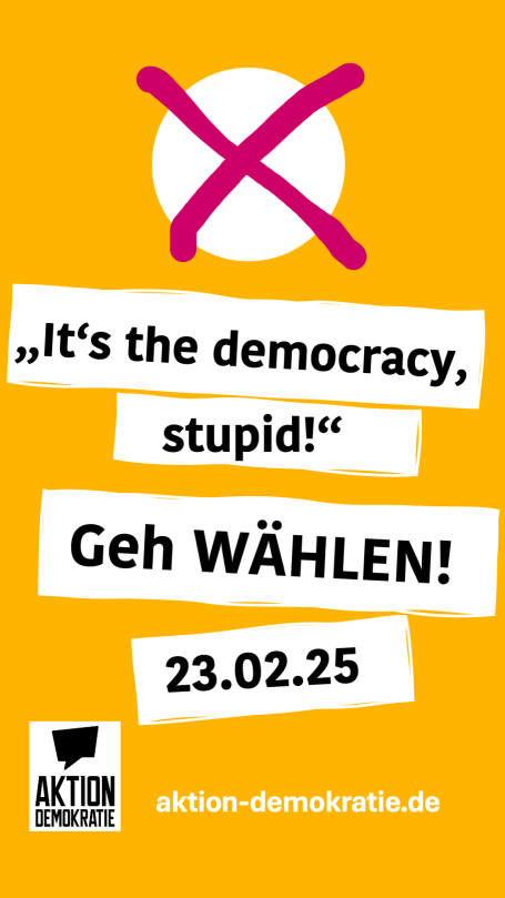 Gelbe Hintergrund mit rotem Kreuz und dem Slogan „Geht Wählen!“ für die Demokratie.
