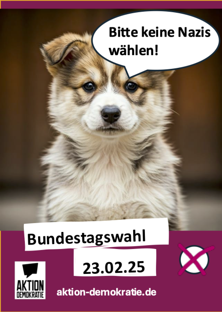 Ein Hund mit einem Slogan gegen die Wahl von Nazis zur Bundestagswahl.