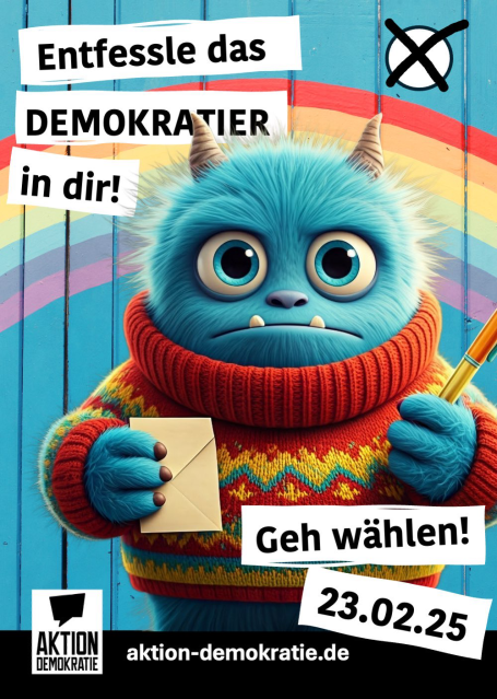 Ein freundliches, blaues Monster hält einen Wahlzettel und fordert zur Stimmabgabe auf.