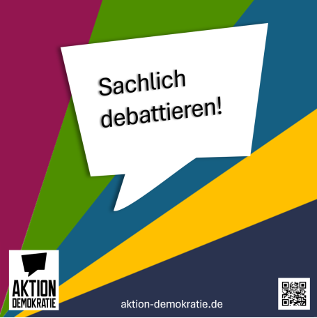 Bunte Sprechblase mit dem Text "Sachlich debattieren!" auf farbigem Hintergrund.
