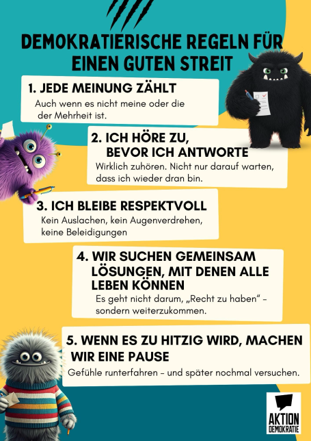 Demokratiefördernde Regeln für einen respektvollen Dialog, illustriert mit bunten Figuren.